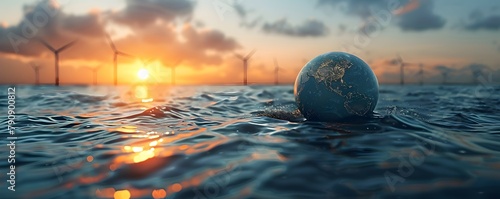 Renewable energy icons floating on a tranquil sea with a globe scenic backdrop for sustainable business concepts
