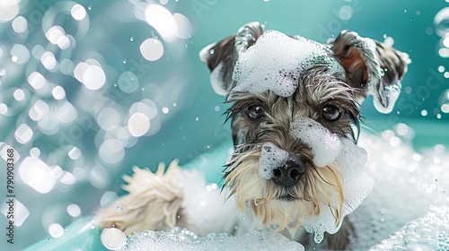 Playful schnauzer puppy enjoying a bubbly bath