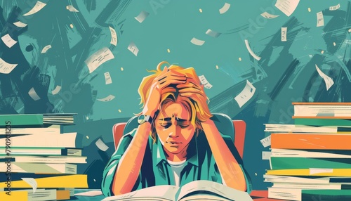 Illustration portraying a young woman overwhelmed and stressed with homework, studying, and learning, depicting burnout in education