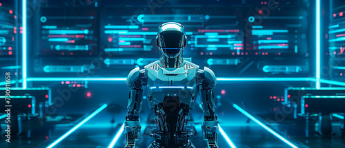 Futuristic droid in a high-tech setting, sleek design with neon accents, showcasing advanced robotics in 3D vector style