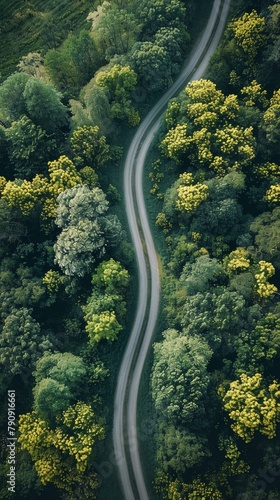 A winding road slicing through a lush forest canopy viewed from above
