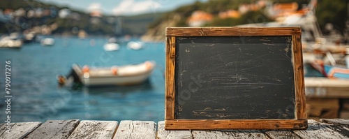 Blackboard at Seaside Seafood Restaurant by Harbor with Boats Bobbing in Water Blank Chalkboard Backdrop Copy Space
