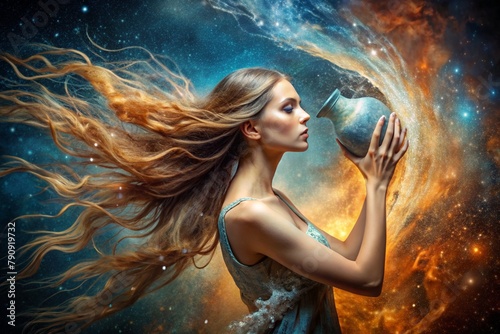 Zodiac signs. Astrological forecast. Predictions. A beautiful girl in the zodiac sign Aquarius. The concept of astrology and horoscope.A series of images of 12 zodiac signs.