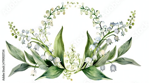 The watercolor lily of the valley with green leaves is the main focus of the image. The flowers are surrounded by other green leaves, creating a sense of harmony and balance