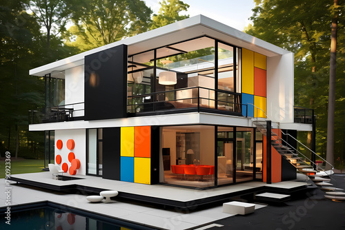Modernist Style House (Color Pop) - Originated in Europe in the early 20th century, characterized by a minimalist design with simple forms, industrial materials, and an emphasis on technology
