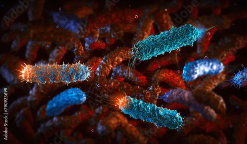 Pathogenic rod-shaped e.coli salmonella bacteria medical background. Germ, bacterial infection agent, gram negative escherichia coli bacterium, salmonellosis, legionella 3D microscope illustration