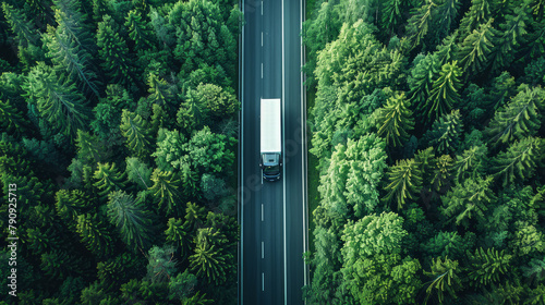 Ripresa aerea di un camion solitario che percorre un'autostrada illuminata dal sole e circondata da una fitta vegetazione.