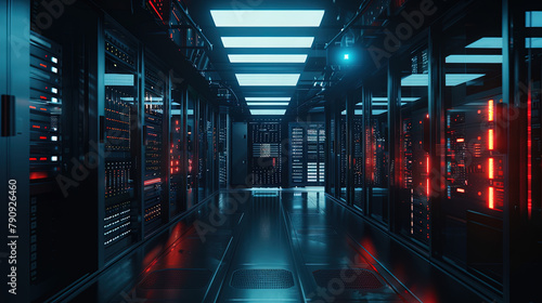 Modernes Datentechnik Zentrum mit Server Racks und visuellen Effekten