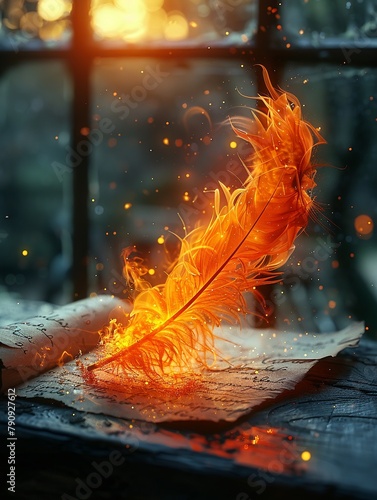 Phoenix feather quill, writing of flames, scribe with fire, intimate script, twilight creation, infernal writing