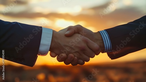 Evening Accord: Handshake Sealing Success. Concept Work milestone, celebration, teamwork accomplishments, business handshake, celebration toast,