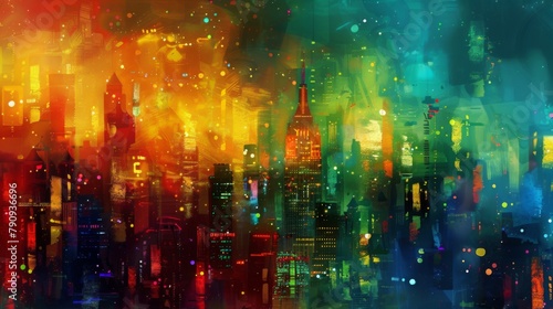 A cityscape with skyscrapers ablaze in a dazzling array of colors during a festive celebration, spreading joy and excitement throughout the city.