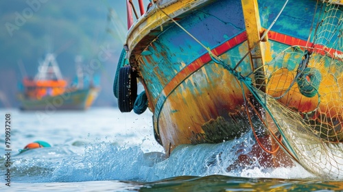 A close-up of a colorful fishing trawler returning to port with a bountiful catch, showcasing the livelihoods supported by maritime industries.