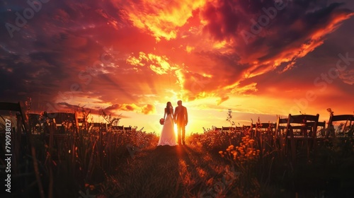 couple walking down an aisle under a breathtaking sunset, the sky ablaze with color as they exchange vows of love and commitment. 