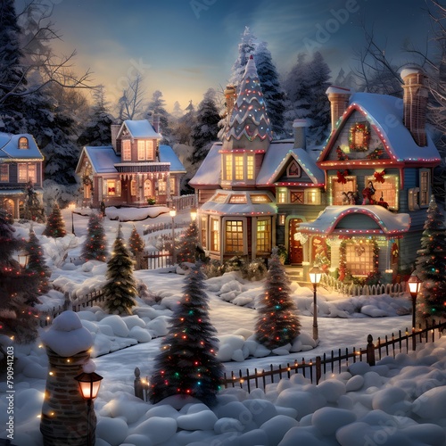 Digital painting of christmas village in winter with lights and snowflakes