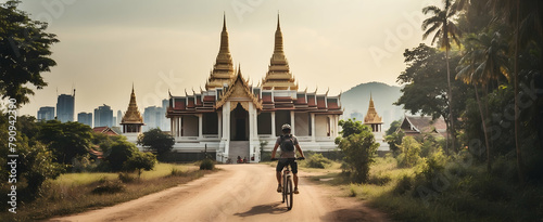 Exploring Bangkok's Cultural Heritage: Mountain Biking Trails with Traditional Thai Temples in Retro Style Photography