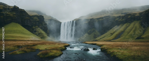 Icelandic Waterfalls Mist - A mesmerizing view of Iceland's waterfalls immersed in a mystical mist during the rain season. Nordic elements come alive in this breathtaking photo stock concept.