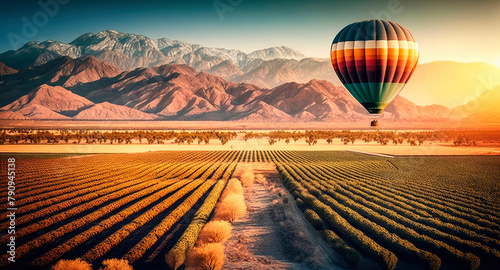 The hot air balloon flies in the sky over the fields and mountains. Generative AI.