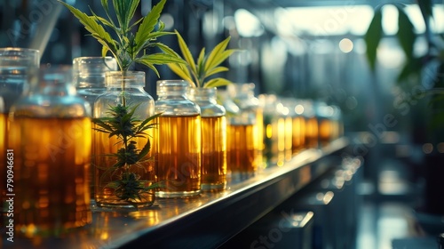 Cannabis laboratory, Medical CBD oils from marijuana plant, alternative herbal medicine concept, banner, copy space