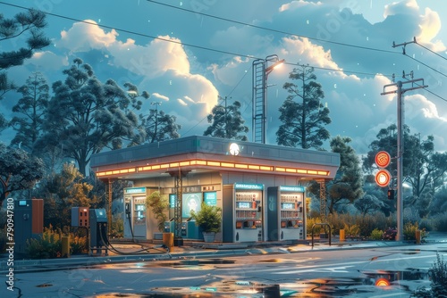 Futuristic of hydrogen fuel cell vehicle refueling station, representing clean energy. Electric car charging point at dusk, sky ablaze with pink and orange hues. Luxury vehicle charging,