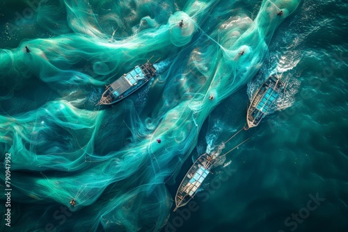 Aerial view of fishing boats at sea, Fishing boats ensnared in translucent green nets floating on sea's surface, while specks sunlight dot aquamarine expanse.