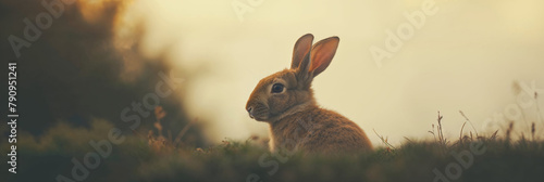 rabbit is positioned in the middle of a lush green grassy field