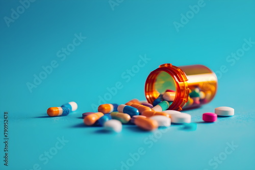 Various pharmaceutical colorful tablets, tablets and capsules are poured out from a jar. Creative medicine concepts.