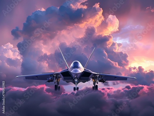 Dramatic clouds surrounding a military aircraft at dusk , Futuristic , Cyberpunk