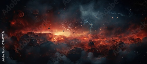 A dramatic sky featuring a vivid red cosmic cloud