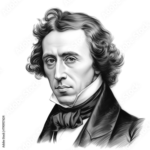 Black and white vintage engraving, close-up headshot portrait of Frédéric François Chopin, the famous historical Polish Romantic music composer and virtuoso pianist, white background, greyscale