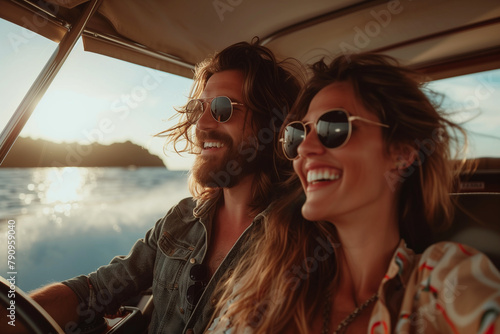 A charming couple enjoys a joyful moment on their yacht, cruising together with smiles and laughter. The woman, with long hair and sunglasses, shares in the excitement as they gaze out at the sea, bat