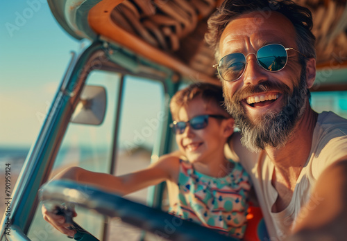 A joyful family, father and son, wearing sunglasses, travel on a bus with an open roof on a sunny beach day, smiles lighting up their faces with happiness and togetherness.