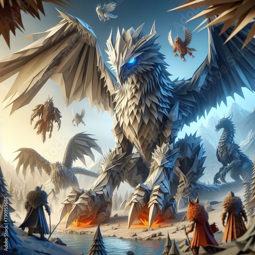 Epic Tale Unfolds: Majestic Dragon Overlooks Armored Warriors Amidst Mountainous Landscape Under Golden Sunlight