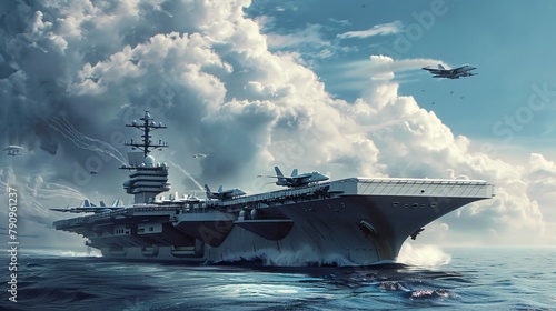 Military navy ship carrier with fighter jet aircraft for troop deployment. Nuclear fleet