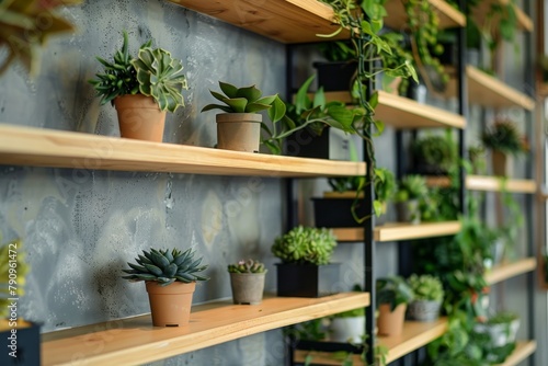 Modern and stylish wall decoration with beautiful green plants in pots on decorative wooden shelves