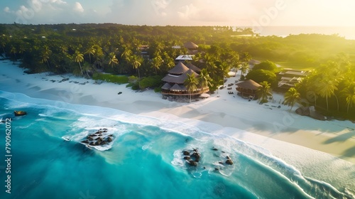 Aerial panoramic view of beautiful tropical beach with turquoise water and white sand.