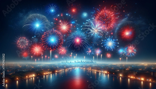 Fireworks over the city skyline. A close-up image of a bright fireworks exploding in the night sky with colorful red, blue and white sparks. The silhouette of the city is faintly visible in the backgr