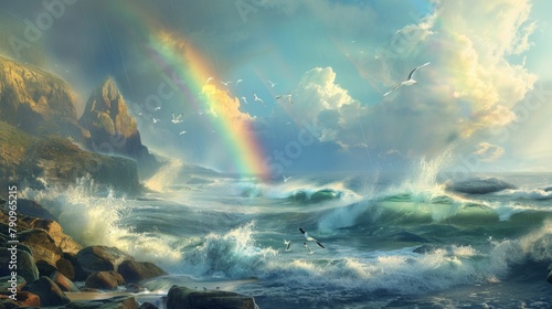 A rainbow appearing over a peaceful coastal scene, with waves crashing against rocky cliffs and seagulls soaring in the breeze.