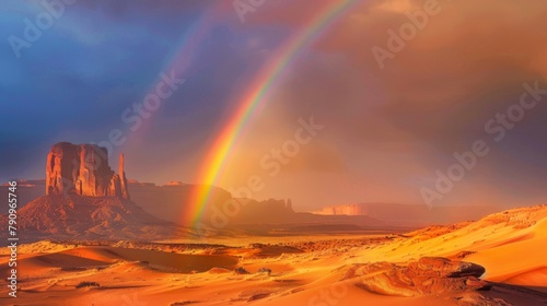 A rainbow appearing over a remote desert landscape, with sand dunes and rocky outcrops providing a stark contrast to its vibrant colors.