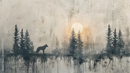Panel wall art marble background with a silhouette of a lone wolf in a pine forest
