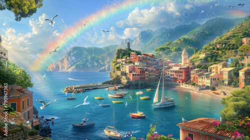 A rainbow forming a perfect semicircle over a picturesque coastal village, with colorful boats bobbing in the harbor and seagulls circling overhead.
