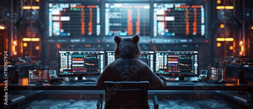 A bear figurine in a command center facing screens with stock market data, symbolizing market control and financial strategy.