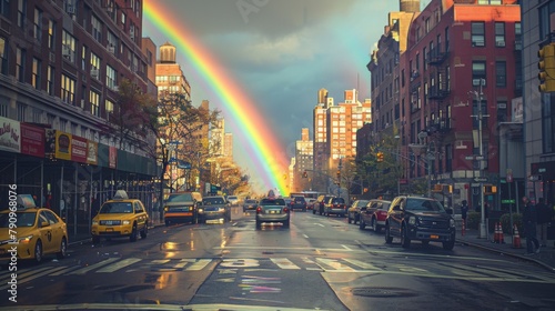 A rainbow spanning the sky above a bustling city street, with cars and pedestrians going about their daily lives beneath its colorful embrace.