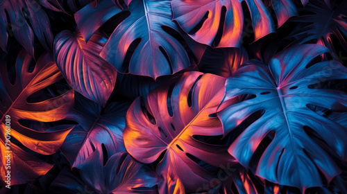 Layout creativo di colore fluorescente fatto di foglie tropicali. foglie con contrasto e colori al neon. Concetto di natura, carta da parati moderna, pattern di foglie tropicali, giungla