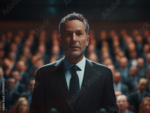 A man in a suit stands in front of a crowd of people. He is wearing a tie and he is in a position of authority. Concept of formality and importance