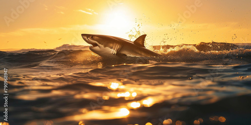 Shark fin on ocean surface in sunshine sunrise time. Sea marine wildlife predator danger for swimmers concept