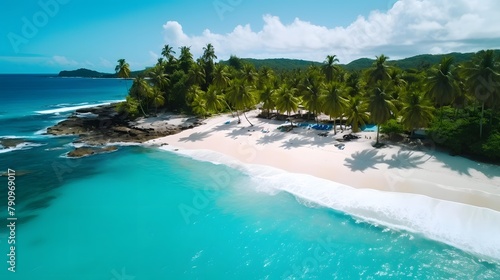 Aerial panoramic view of beautiful tropical beach on Seychelles