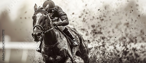 Jockey riding a horse in a jump, monochrome image