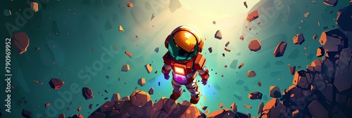 An astronaut, their spacesuit illuminated by the sun, floats amidst a field of debris, their reflection distorted in a shattered helmet visor