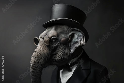 Sophisticated elephant wearing a monocle and top hat depicted in a dignified pose at an upscale gala