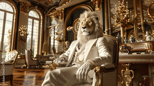 Stylish white lion hosting an exclusive fashion show in an art deco gallery radiating charm and authority